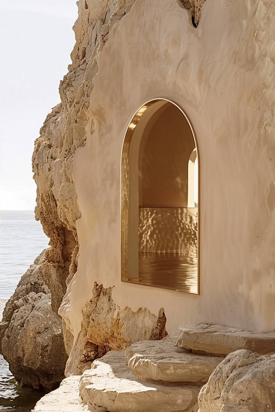 Photo of a small pink mirror, a scenographic architecture, minimalist limestone rocks architecture, carved in rock, merging to the rocks, blending to the rocks, coastal, light beige and azure, golden hour, Kodak Portra 400