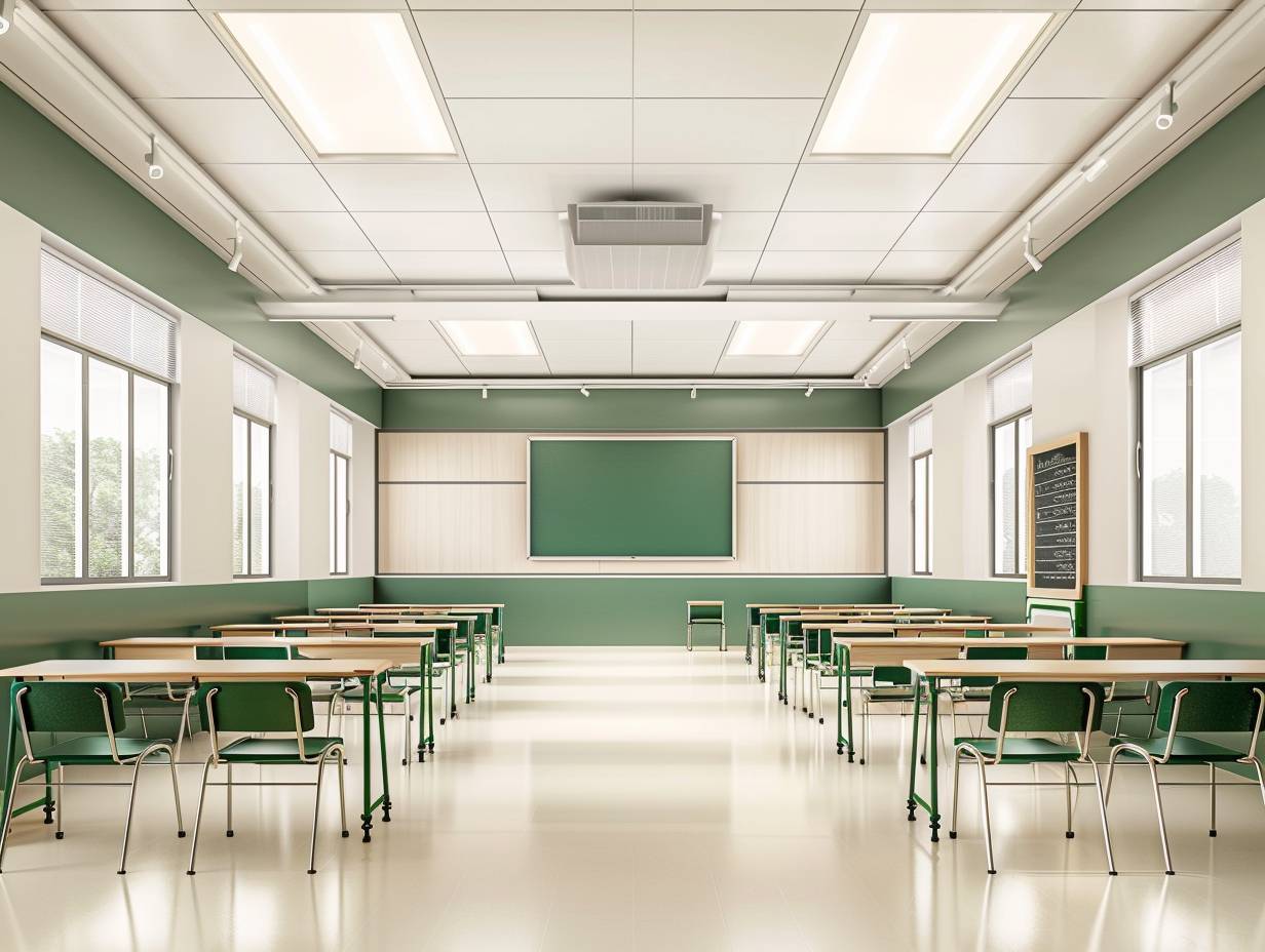Modern high school classroom interior design, cream walls with dark green accents and tables and chairs, cream floor, large smart board in front of tables, modern minimalist style