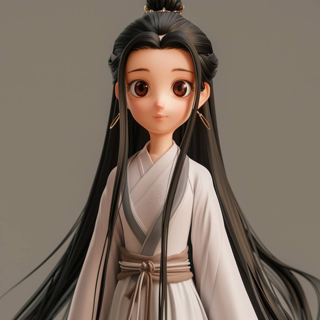 Long Hair, Full body, generate three views, namely the front view, the side view, and the back view, A Chinese woman in traditional Hanfu, with long black hair and a long white gauze skirt model, Bright Eyes, blind box toy, 3D, Cute, Disney style, Pop Mart Diiiuse, blender, 32K UHD, vivid facial expressions