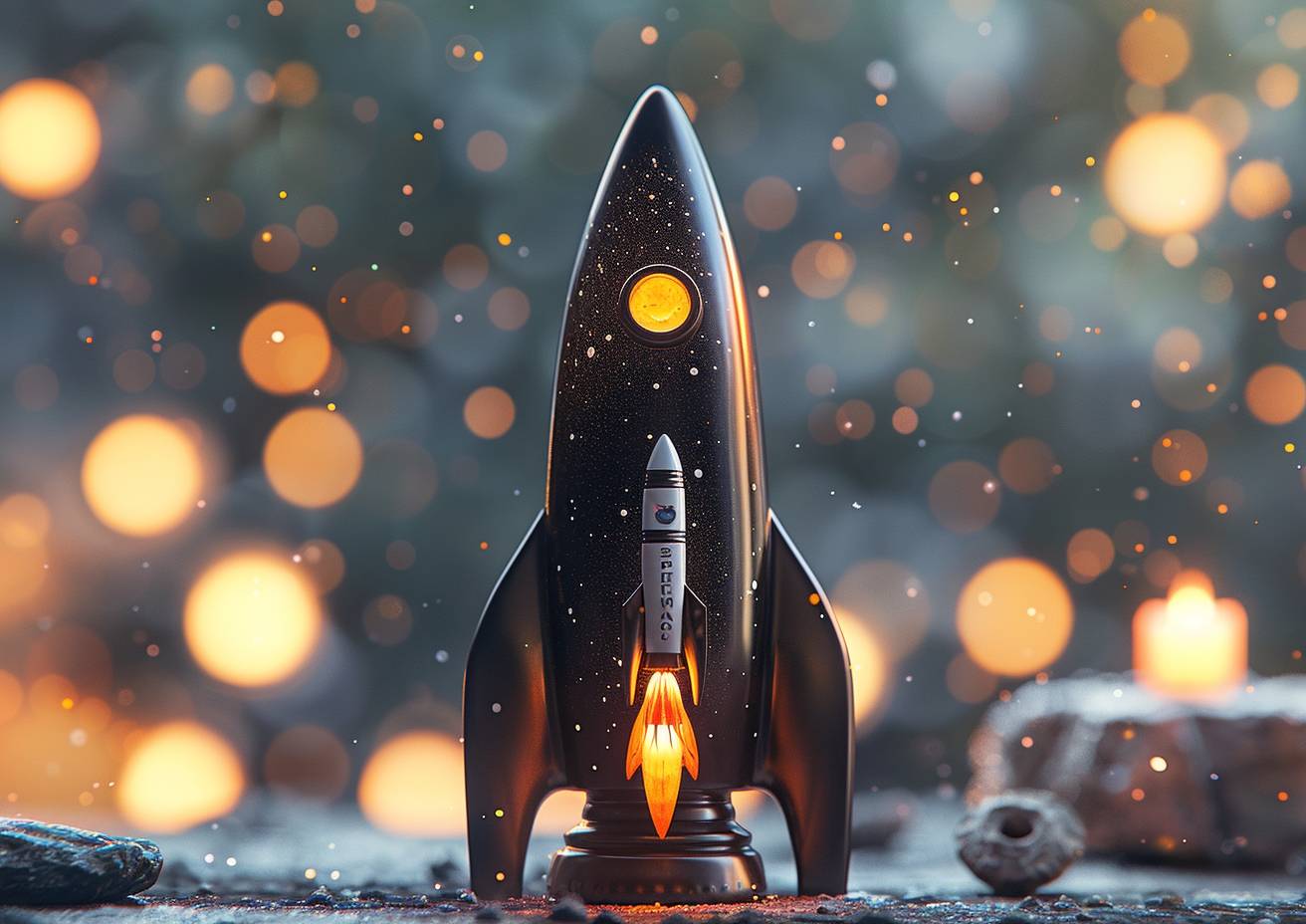 A black-figure storage jar depicting a rocket from the Apollo space program, diffuse lighting, bokeh background