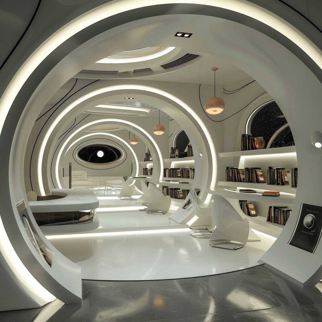 Design an exhibition hall with the theme of reading, including a reading room and several booths, in a science fiction style using circular elements.