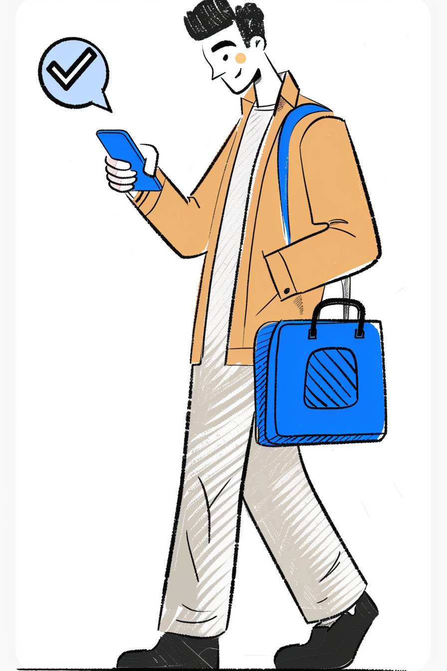 Illustration of a man holding a blue bag and looking at a cell phone with one hand, blue check mark, simple PPT only illustration