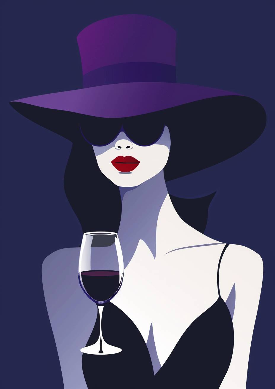 ミニマリストのポスターデザイン。紫の帽子をかぶった神秘な女性、白い肌と赤い唇、黒いドレスを着ています。彼女はワイングラスを持っています。パトリック・ナーゲルのスタイルのミニマリストのベクターイラスト。深い青い背景。きれいな線、大胆な形、洗練されたもの。ヴィンテージファッションポスターに触発されました。高いコントラスト。単色のカラースキーム。大胆な影。濃い海軍の背景に孤立しています。