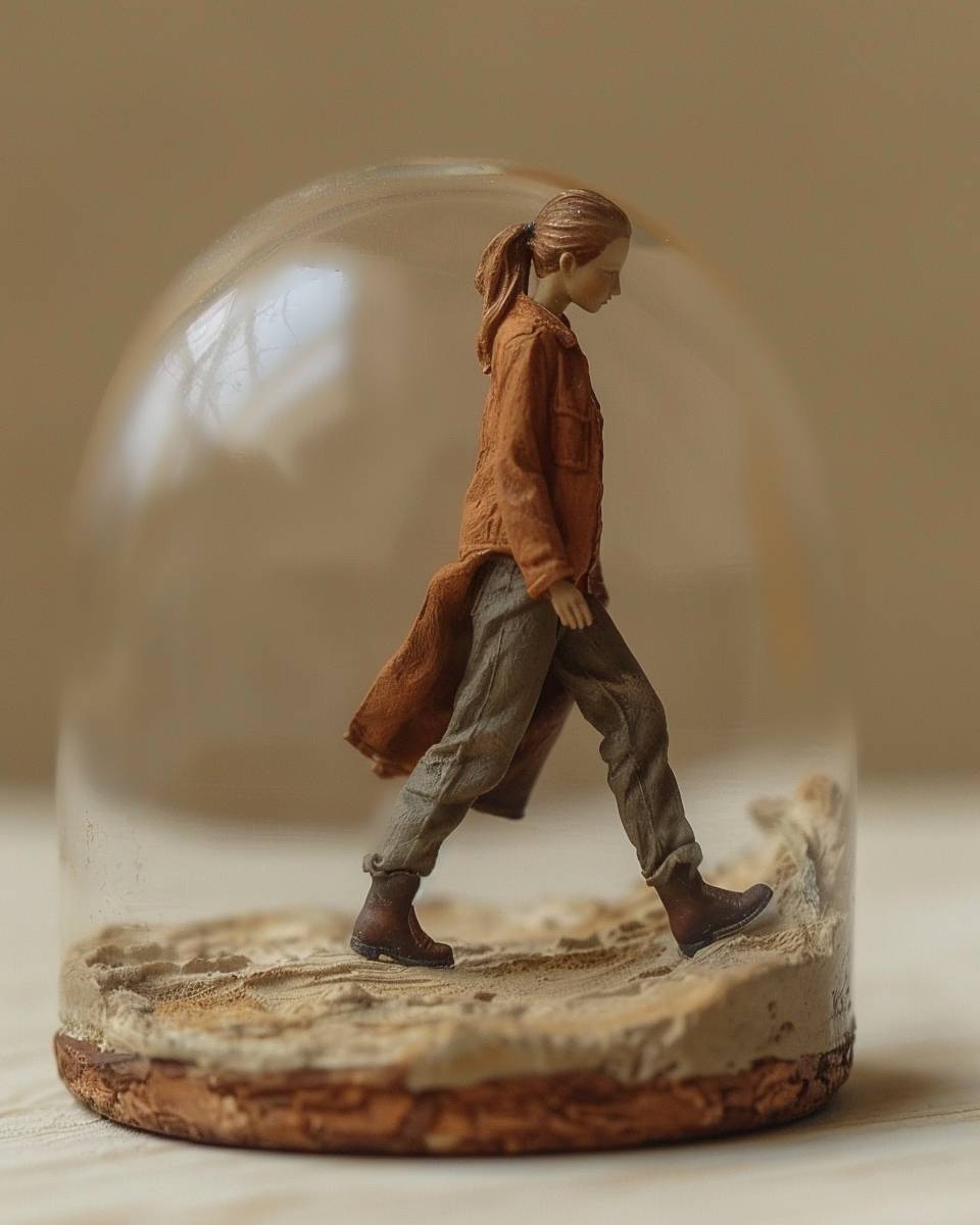 miniature woman walking in a huge bell jar, realistic, conceptual