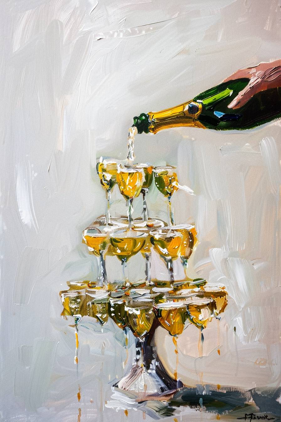 A small illustration of a champagne pyramid. There is a hand pouring champagne from a champagne bottle with champagne flowing from the top down, seen from afar, painted in broad brush strokes, oil painting, Henri Matisse, white background