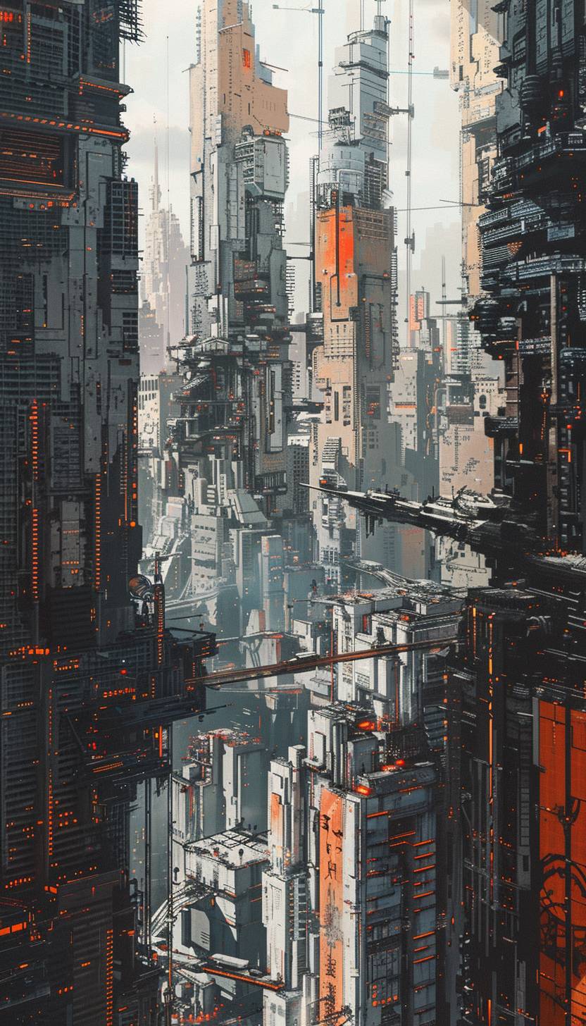 In the style of Hiroshi Yoshida, a dystopian cityscape with towering skyscrapers