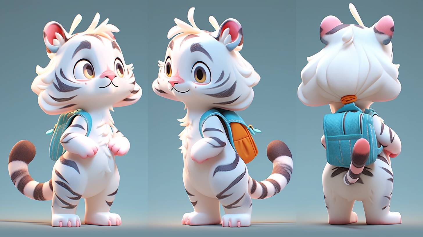 Full body, generate three views, namely the front view, the side view and the backview, A cute white tiger, jumping happily, wearing Overalls, wave to the camera, Bubble Mart style, clean and simple design, IP image, high-grade natural color matching, bright and harmonious, cute and colorful, detailed character design, behance, Shanghai style, Organic sculpture, C4D style, 3D animation style character design, cartoon realism, fun character setting, ray tracing, children's book illustration style