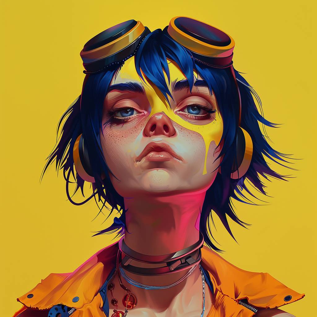 Gorillazイラストのスタイルで描かれた[name]の編集ポートレート、鮮やかな色彩、ダイナミックな構図。細部まで緻密なハイパーリアルな衣装、ポップカルチャー、ガジェットパンク。