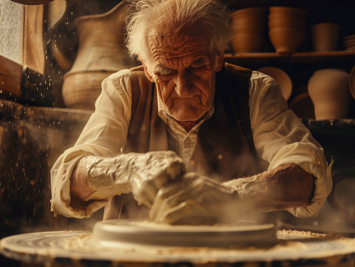An elderly potter with hands covered in clay is working at the wheel, creating pottery with deep lines on his face. The atmosphere in the rustic studio is serene in the afternoon, with shelves filled with finished pottery and a kiln in the corner. The close-up shot captures the hands and face of the potter, with natural light filtering through a dusty window and clay particles suspended in the air. High-resolution texture.