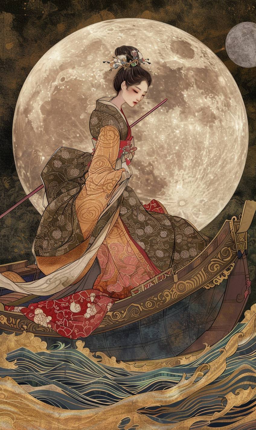 In the style of Kitagawa Utamaro, a spacefarer embarking on voyages to uncharted realms --ar 3:5 --v 6.0