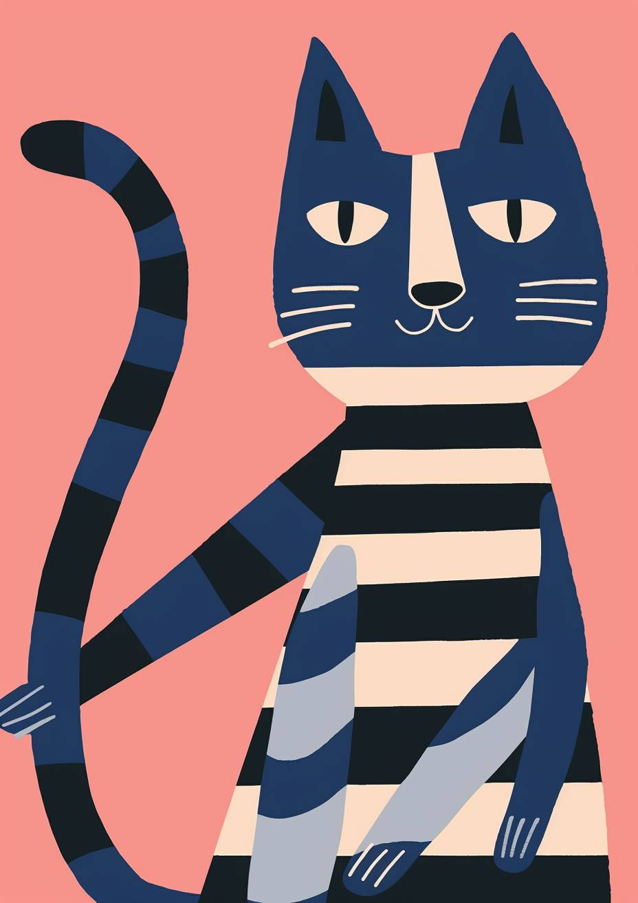 A minimalistic painting of a cat with stripes in blue and white on a pink background, in the style of Henri Matisse. The simple design is detailed enough to be interesting. It features bold outlines that highlight the form's contours. The cat holds its tail in one hand, which has stripes similar to those seen on its body. A sense of movement or action appears as if it could jump at any moment. Simple shapes are used.