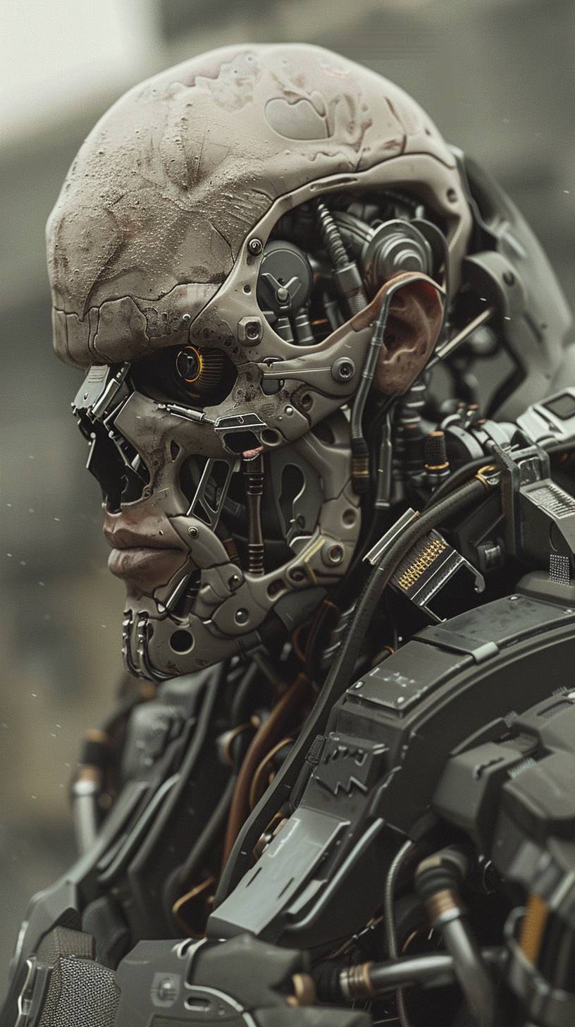 A highly detailed cyborg soldier, looking straight into the camera, rugged and weathered, with a bald head and integrated cybernetic implants. The face is partially covered by a futuristic respirator mask, with tubes and mechanical components connecting to a robust, battle-worn armor. The armor features various metallic and leather textures, adorned with scratches, dirt, and mechanical details. The background is a blurred, industrial setting with dim lighting, emphasizing the figure's menacing presence. Hazy finish with muted colors and soft, diffused lighting, creating an atmospheric and dystopian feel. Created Using: intricate cybernetic design, photorealistic textures, industrial sci-fi aesthetic, cinematic lighting, high-definition, dynamic pose, atmospheric perspective, soft focus. Looking straight into the camera. In the style of a logo.