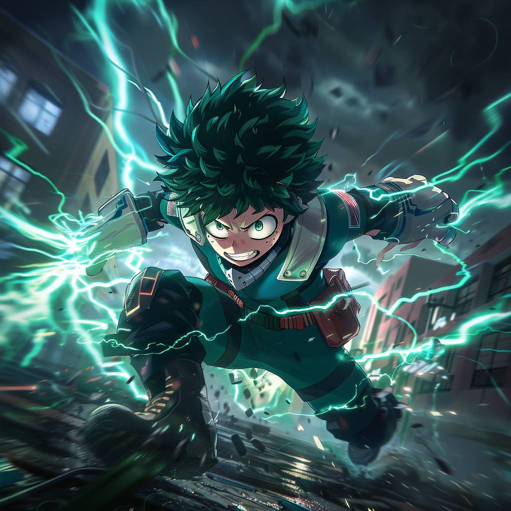 Midoriya Izuku from My Hero Academia is in his Full Cowl form, charging forward with green lightning crackling around him, in front of UA High School with training robots behind it. cartoon-style graphics with high resolution game art, full body portrait, epic, dynamic, anime.