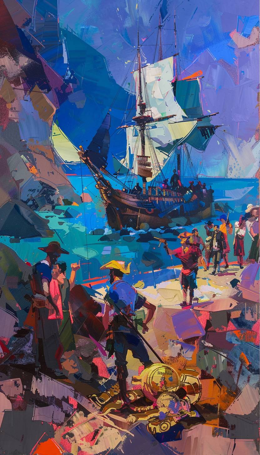 In the style of Isaac Maimon, a pirate crew unearthing buried treasures on an isle --ar 4:7 --v 6.0