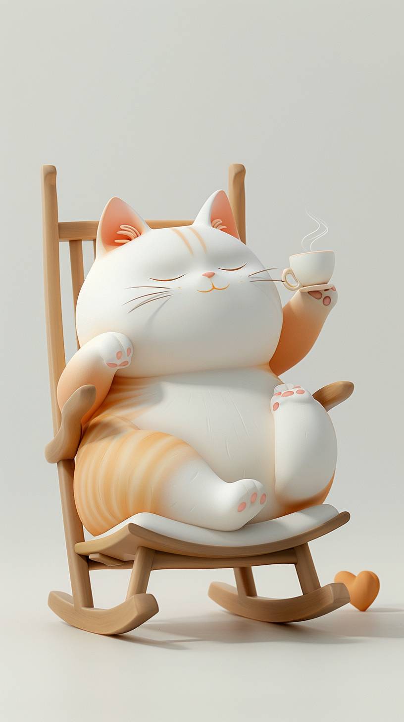 3D, cute chubby fluffy cat, contented expression, lying on the rocking chair, drinking hot tea, smooth white gradient background, cartoon style, minimalism, Canon camera, studio light