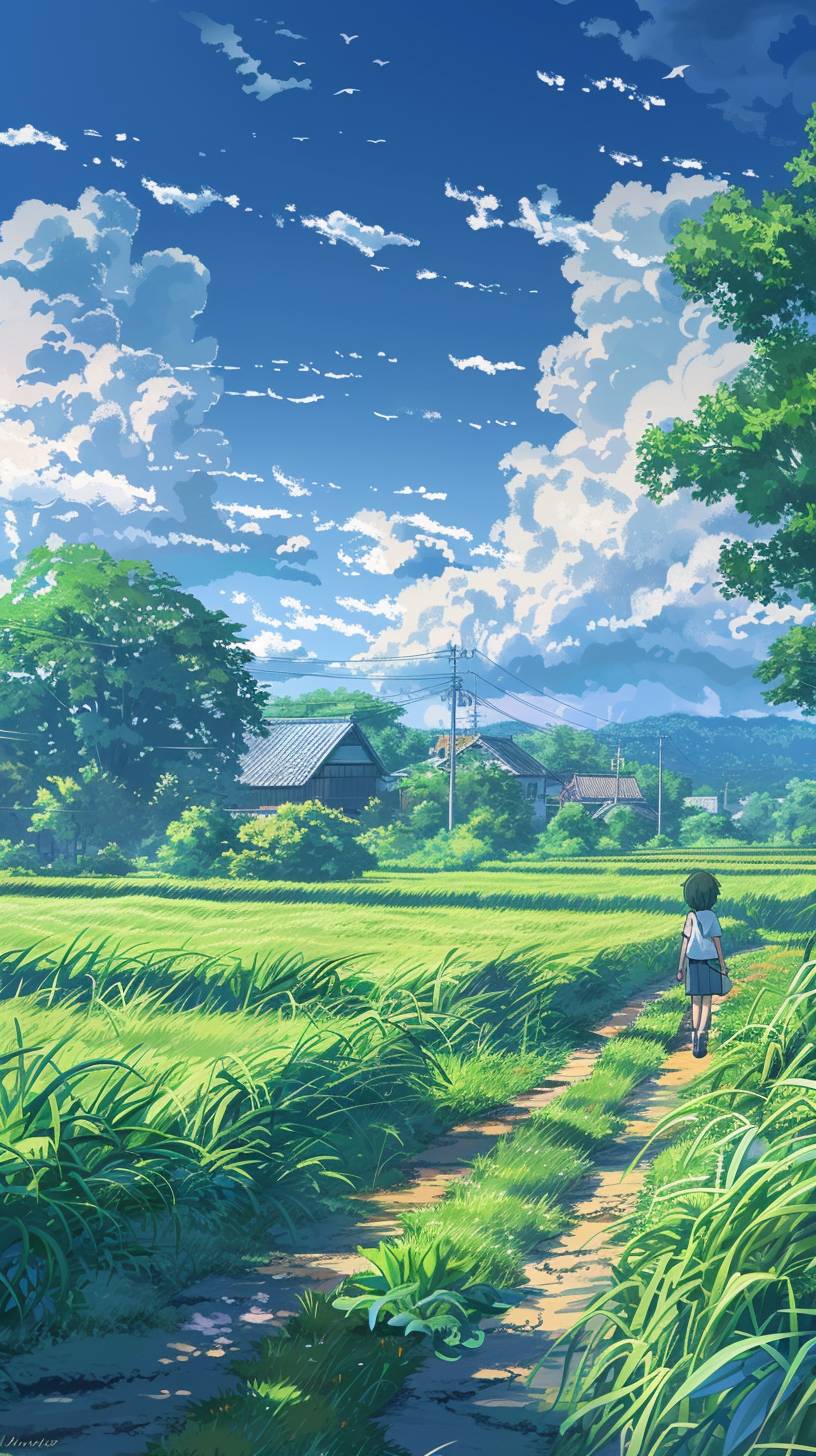 A child walks along the country road, in front of him is an endless green field with tall grass and trees on both sides of it. In the distance there are two houses, a blue sky and white clouds, in the style of Miyazaki, in the style of Makoto Shinkai, in the style of Miyama Tatsuya, in the style of Ghibli Studio, Mivamoto Musashi.
