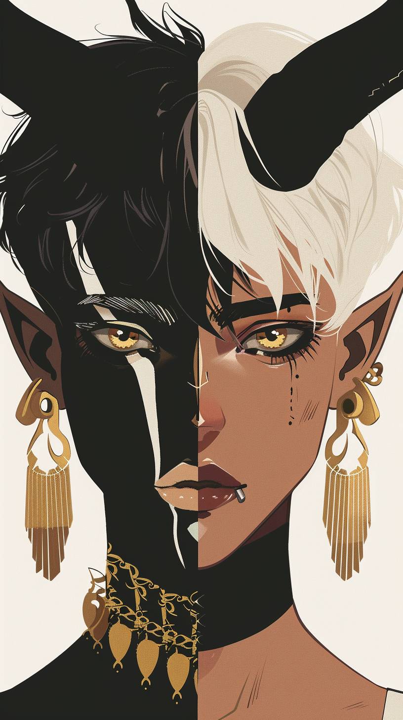 A digital illustration of an anime character with two faces, one side depicting the face in black and white with horns, while the other features golden earrings and expressive eyes. The minimalistic background focuses on the contrast between light skin tones and dark facial details.
