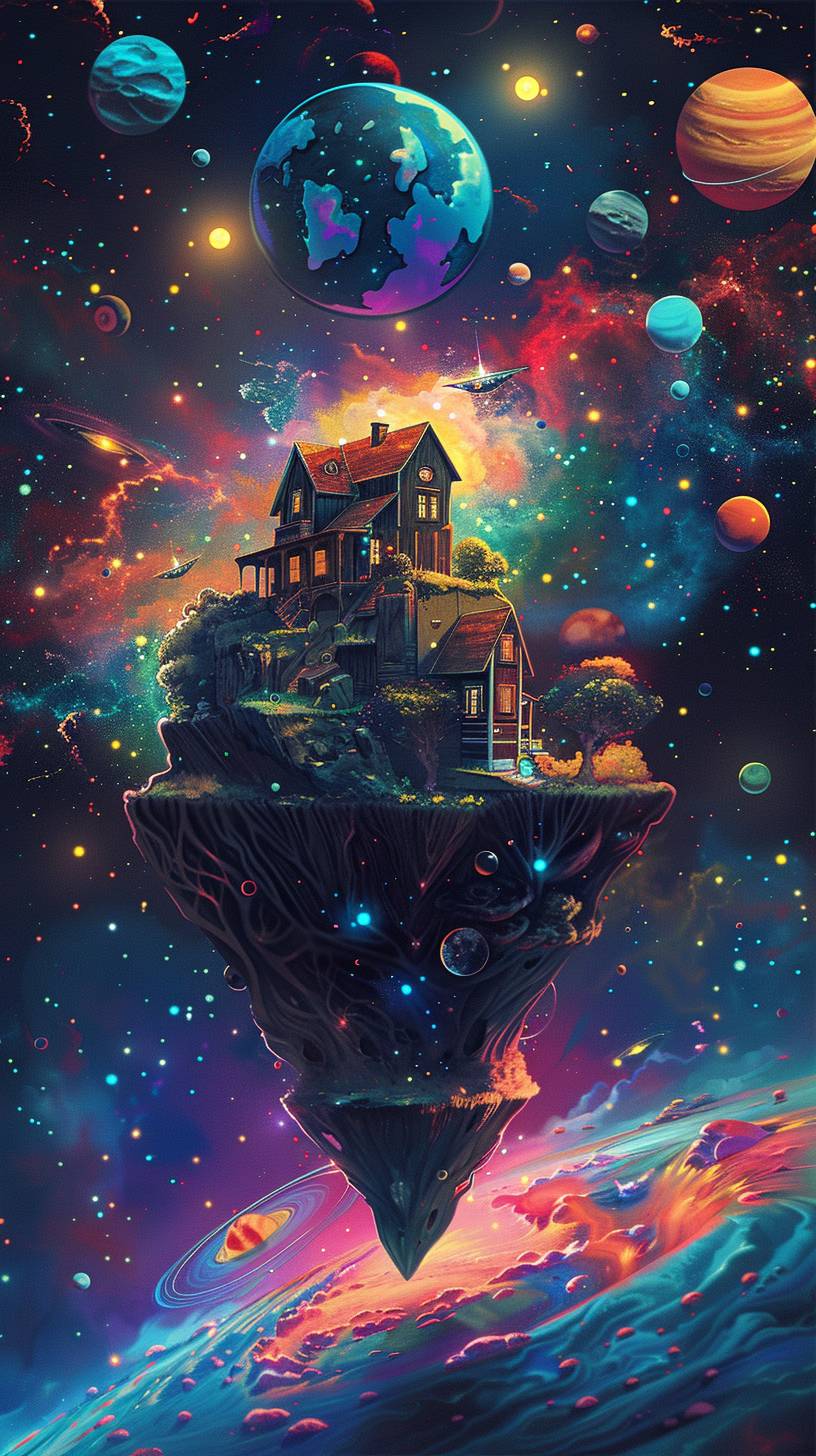 A solitary house perched on a triangle floating island amidst a vibrant cosmic landscape. The scene features a kaleidoscope of planets, stars, nebulas that create a mesmerizing backdrop. The house itself is an old-fashioned, almost rustic structure. The background is black light poster style with neon colors, stars in space, and suns and moons above it, cosmic design elements. The whole scene has psychedelic vibes, with a dark blue color scheme. There are also other celestial bodies floating around. A magical atmosphere surrounds everything. It feels like being on another planet. High resolution, more details. It is an illustration drawn with digital art techniques in the style of psychedelic art. In the style of highly detailed illustration by James Jean and Mark Ryden, high contrast colors, bright and vibrant, clean lines, hyper-realistic, high definition, clean details, vibrant colors.