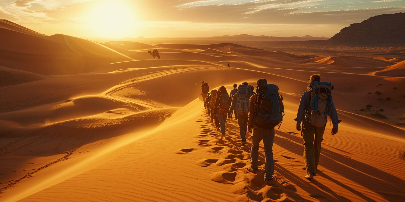 シネマティック、ドキュメンタリー写真、アルジェリア砂漠を発見する一群の観光客が、黄金の砂丘を歩く、広角で高いカメラアングル、夕日、背景にラクダ、キヤノンEOS C300 Mark IIIで撮影された、クリーンな構図
