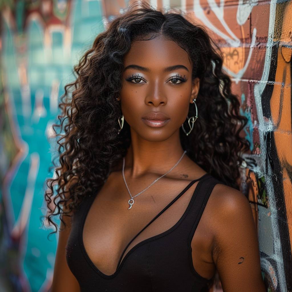 A beautiful African American woman with long curly hair, wearing a black tank top and silver jewelry, poses confidently in front of colorful graffiti-covered walls. Her piercing eyes sparkle, and her skin radiates in the photo.