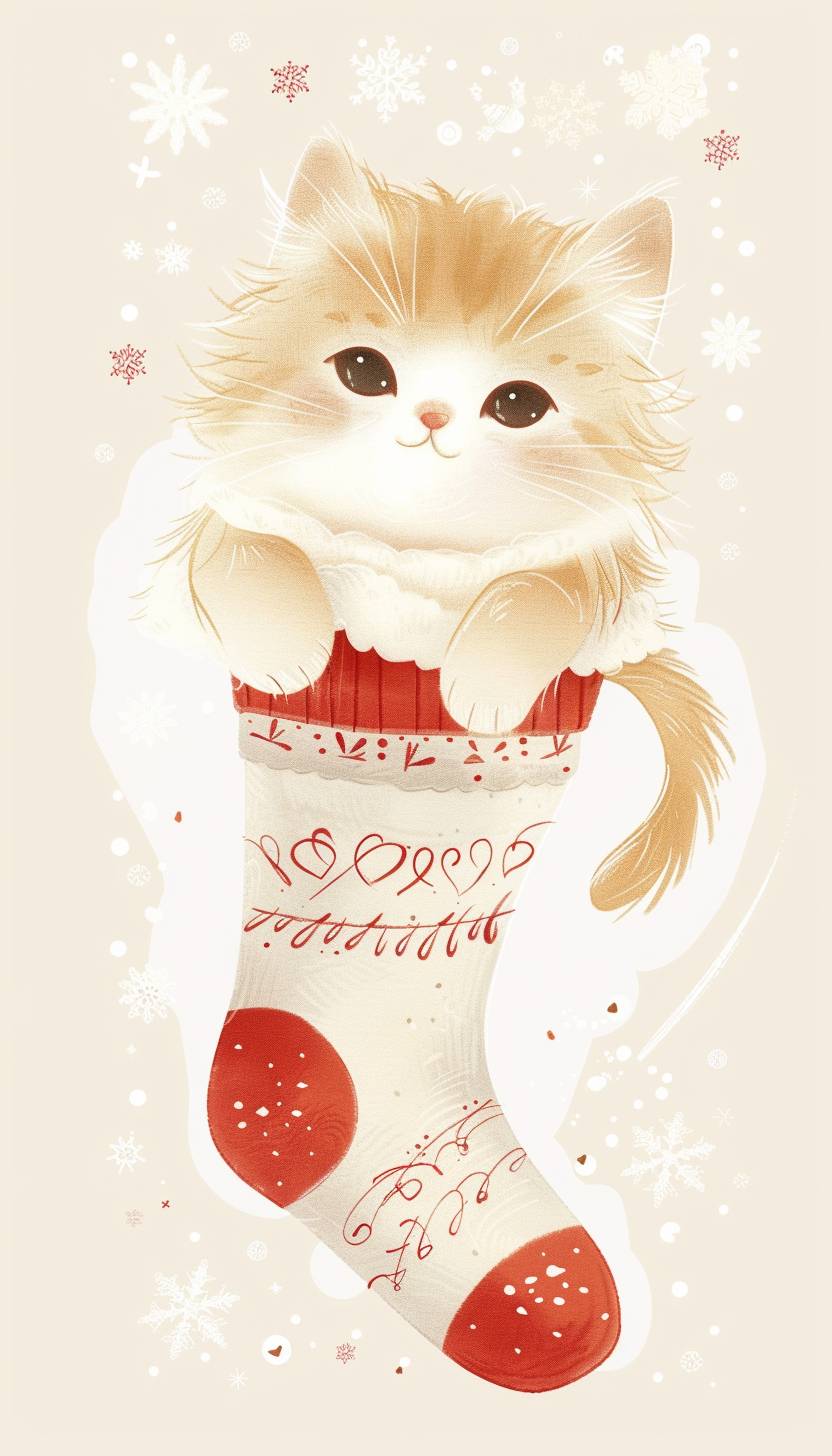 Minimalistic cute adorable kawaii shiny baby kitty peeking from a Christmas sock with subtle Christmas details on it, white background with subtle Christmas details around the kitty, soft pastel, beige, soft light red and milky colours, cartoon, smooth shading, chalk style isolated