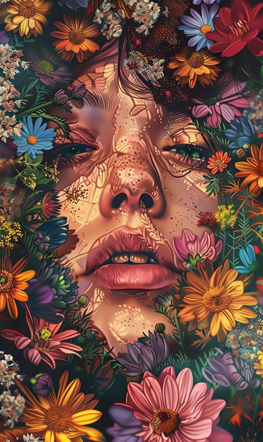 ボホスタイルのウォールアート、[被写体]の顔のクローズアップ、カラフルな花々に囲まれたヒッピーの雰囲気、デジタルイラスト