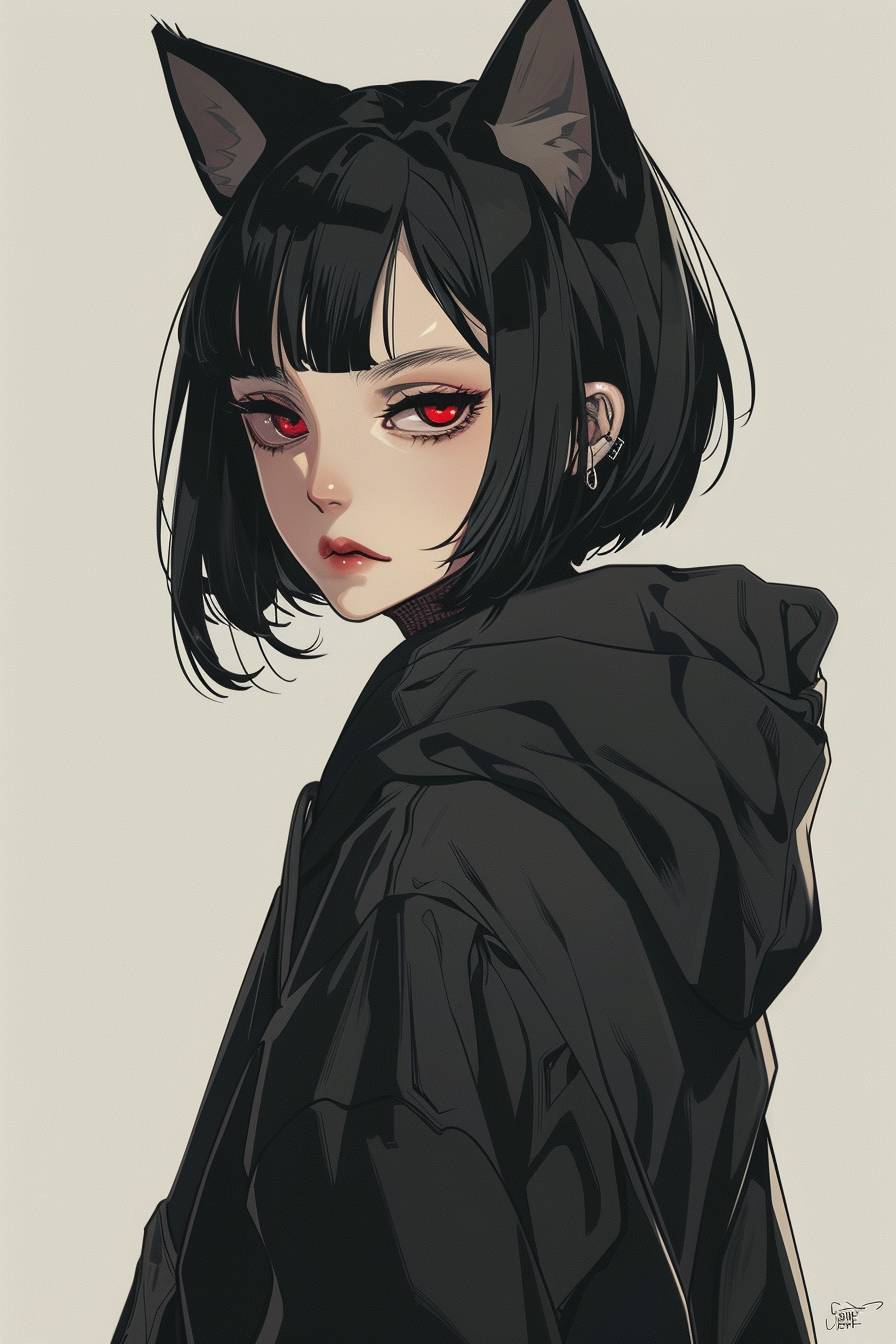 An elegant anime girl with black cat ears, short black hair and red eyes, wearing a stylish cyberpunk black hoodie jacket, with an evil smile, looking back from the side and above, against a simple background, in colorful Y2K aesthetic.