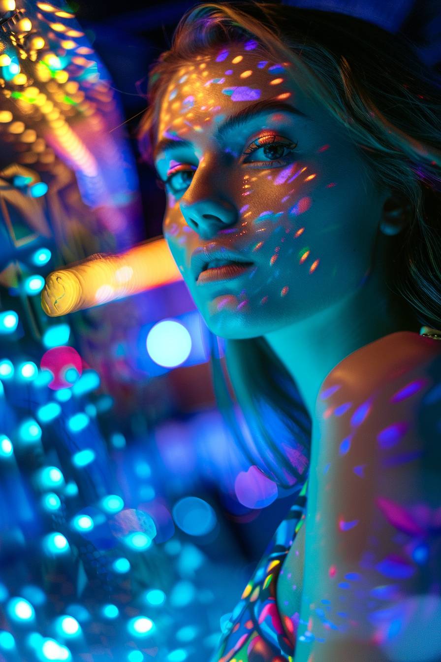 {"Description":"A full body image of a 28-year-old beautiful Italian woman facing the camera, wearing Futuristic Prints and Patterns inspired by tech, space, and digital art with vibrant colors and geometric motifs. She is in a futuristic nightclub with glimmering ethereal skin and glow-in-the-dark makeup that blends seamlessly with reality. With highly detailed facial features, the image is captured in a cinematic shot. There are no children, males, or pregnant women involved, with an aspect ratio of 2:3, and it is a raw style shot with a system version of 6.0."}