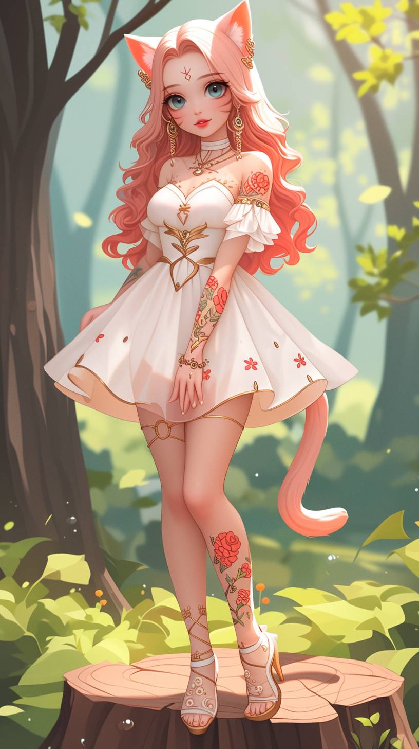 Tattooed anime fantasy cat girl standing in the forest, in the style of high dynamic range, kawaii art, light orange and light bronze, animated illustrations, daz3d, exotic realism, vibrant manga, tattoo-inspired, close-up intensity, Japanese-inspired