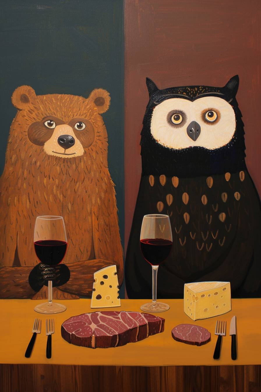 エレガントなクマとフクロウがワインを飲んでいる絵画で、テーブルの上にチーズとステーキがあり、細かい線、かわいい、細部の筆遣い、ミニマルな色使い、シンプルな線画、リョウ・タケマサ、アレックス・カッツ、川内リンコが制作、8k、多くのコピースペースがあります。