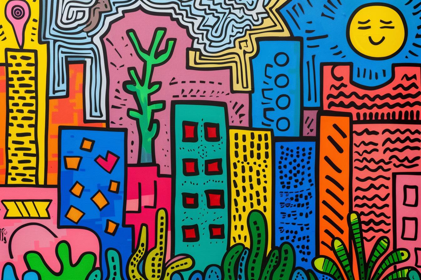 In style of Keith Haring, city landscape