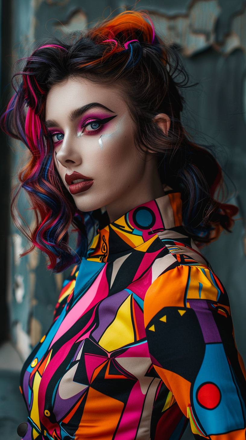 A striking young woman with bold Neo-Gothic makeup and hair, wearing a vibrant Pop Art inspired outfit