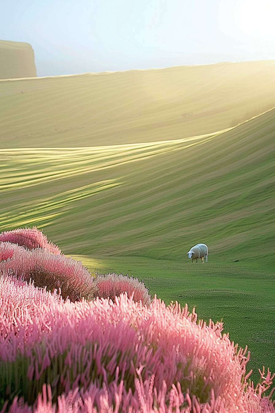 A sheep in the distance on grass, areal view, photorealistic landscapes, minimalist backgrounds, striped arrangements, precise lines, linear perspective, shadows and dappled light in the style of various artists.
