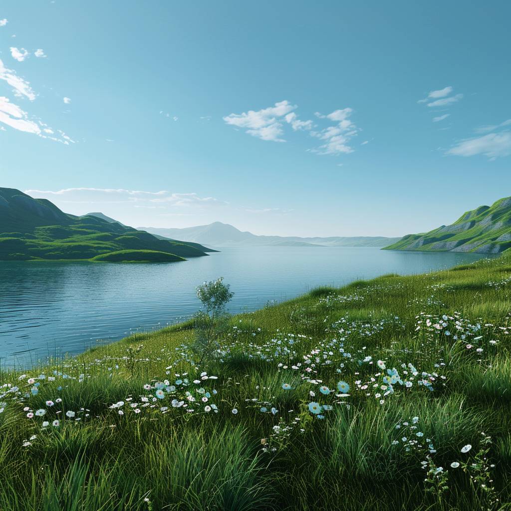 遠くに湖のある緑の草原の3Dレンダリング、草の丘、湖の水、岸辺の白い花、空の青い背景、C4dモデリング、OCレンダラーレンダリング、柔らかい照明、一色のクリーンな背景、ミニマリストスタイル、低い角度の視点、高解像度、高い詳細、OCレンダラーレンダリングスタイルで。