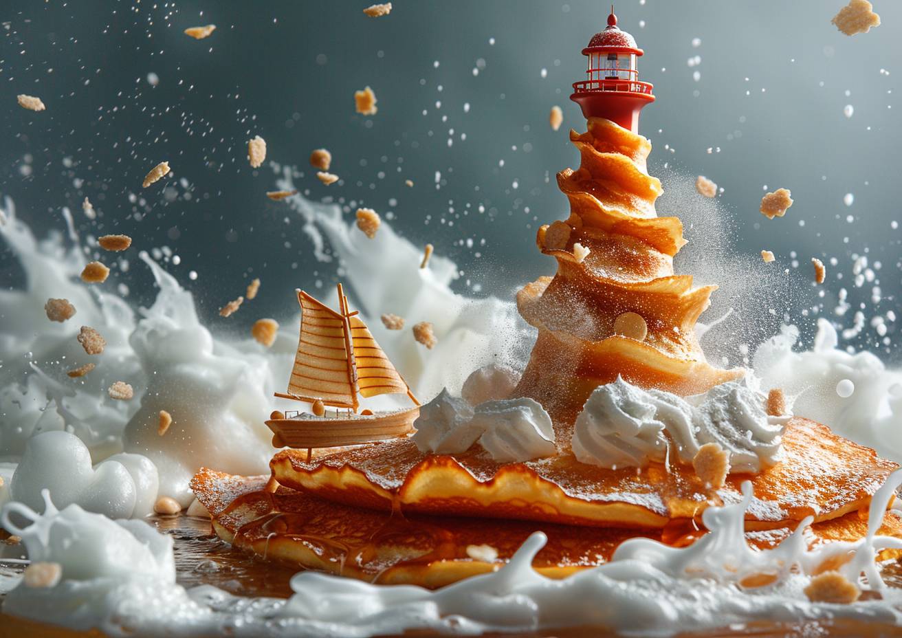 シュールな食品写真のスタイルで、パンケーキから形成された灯台、ネームシップの船が糖蜜の海に浮かぶ、砂糖粉、強いビジュアルフロー。