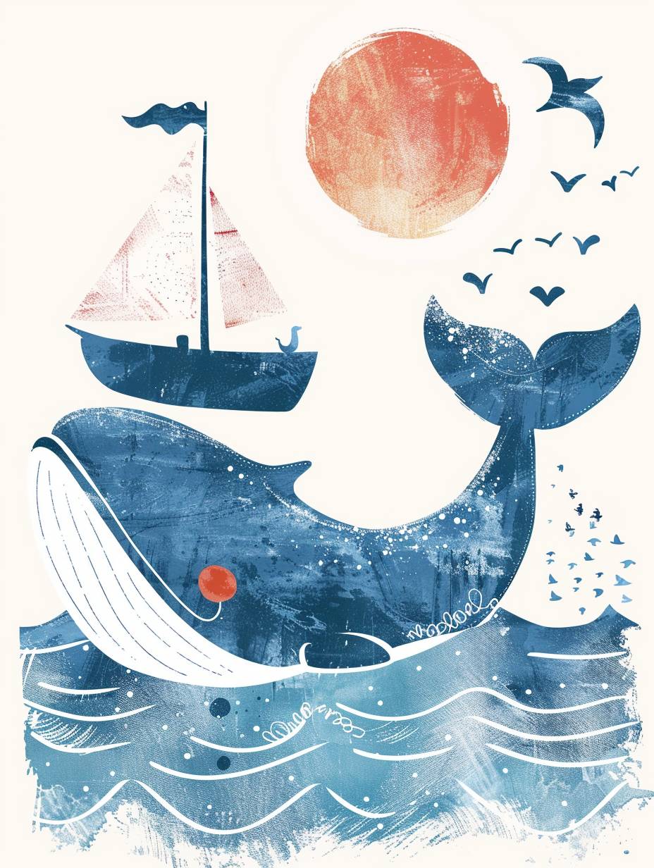 Cute happy whale, swimming in shining blue ocean, summer, boho style, minimalism, simple strokes, hand drawn style, children's illustration, seabirds and sailboat in background, sun, white background, flat design, simple lines, vector graphics, space on top of head, cute style, pastel tones, beige color scheme