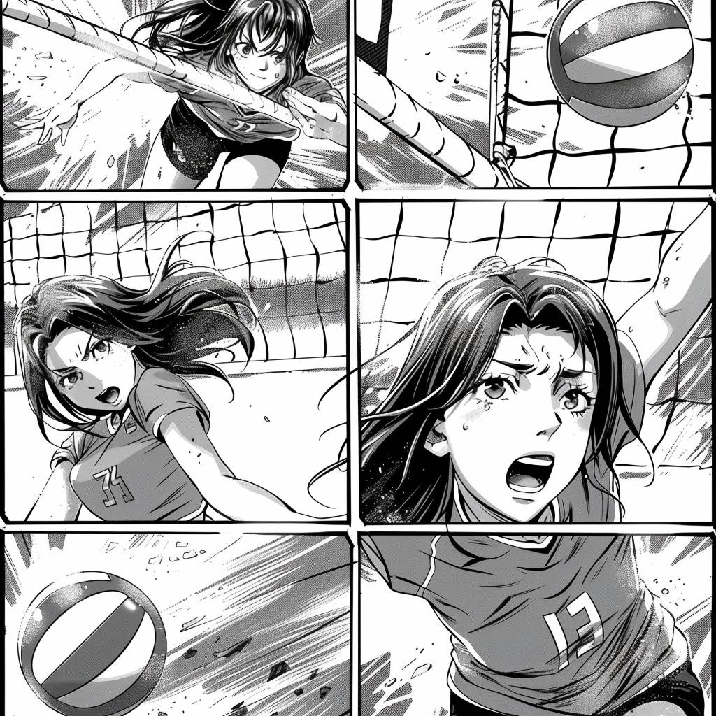 A comic book page with panels of a volleyball player in action, anime style, black and white manga. Each panel shows more action as she serves, sets, and spikes the ball.