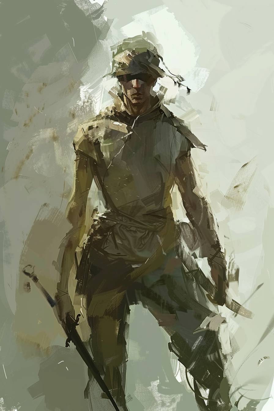 In style of Joan Mitchell, character concept design, half body