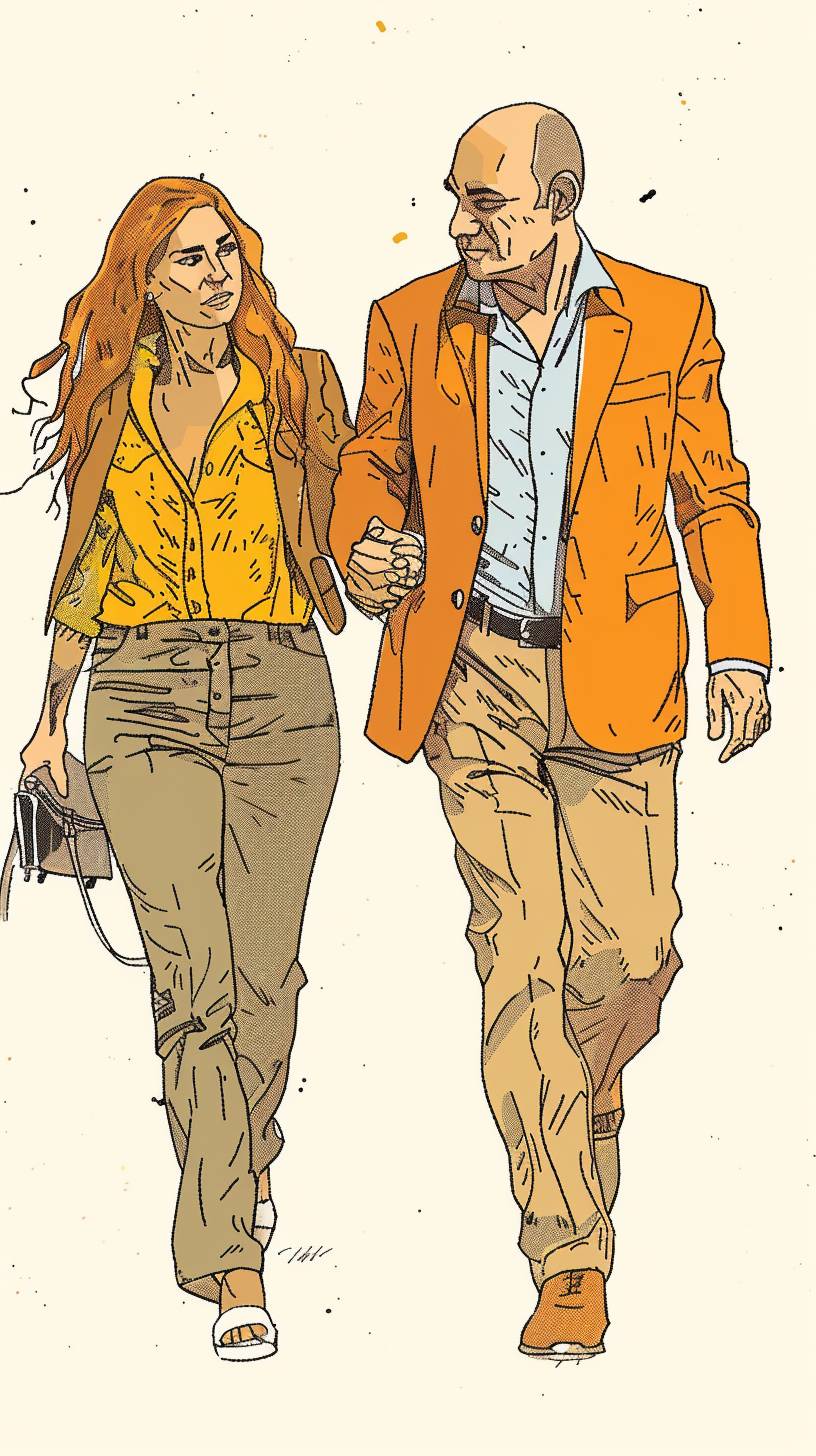 A colored vector line drawing, depicting a 60-year-old Caucasian French businessman walking with his 21-year-old Brazilian girlfriend in fine details, in the style of Enki Bilal.