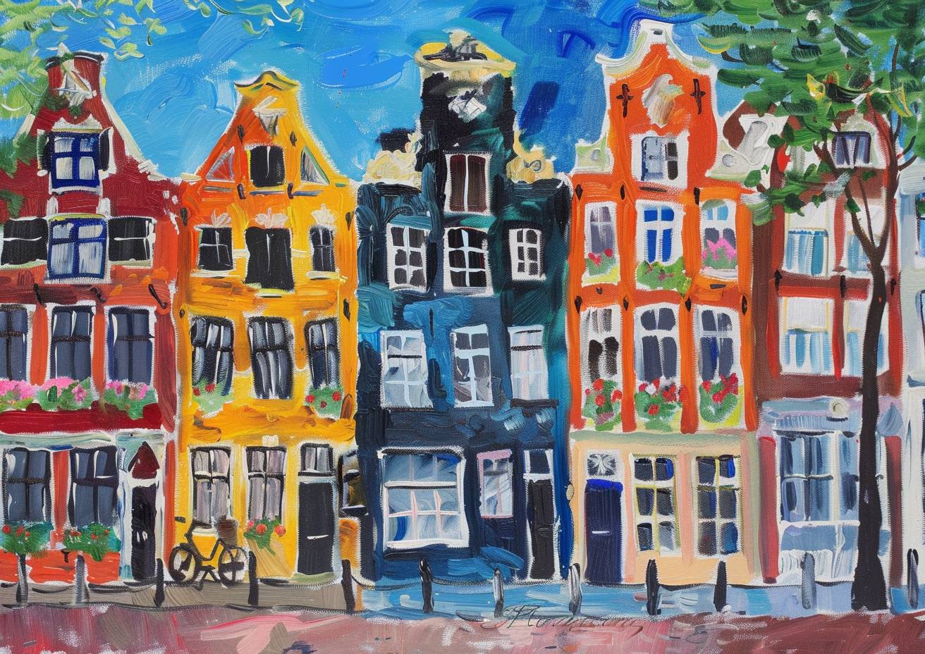 カラフルな影のスケッチ、アムステルダム、色鮮やかな連続した街並み、花々が咲く魅力的な通り、夏、イングランド、ソフィー・ブラッカルやモード・ルイス、シャガールによる驚くほど独創的で素晴らしい絵画、素晴らしい筆触、鋭い、ハイクオリティ、傑作、超鋭利