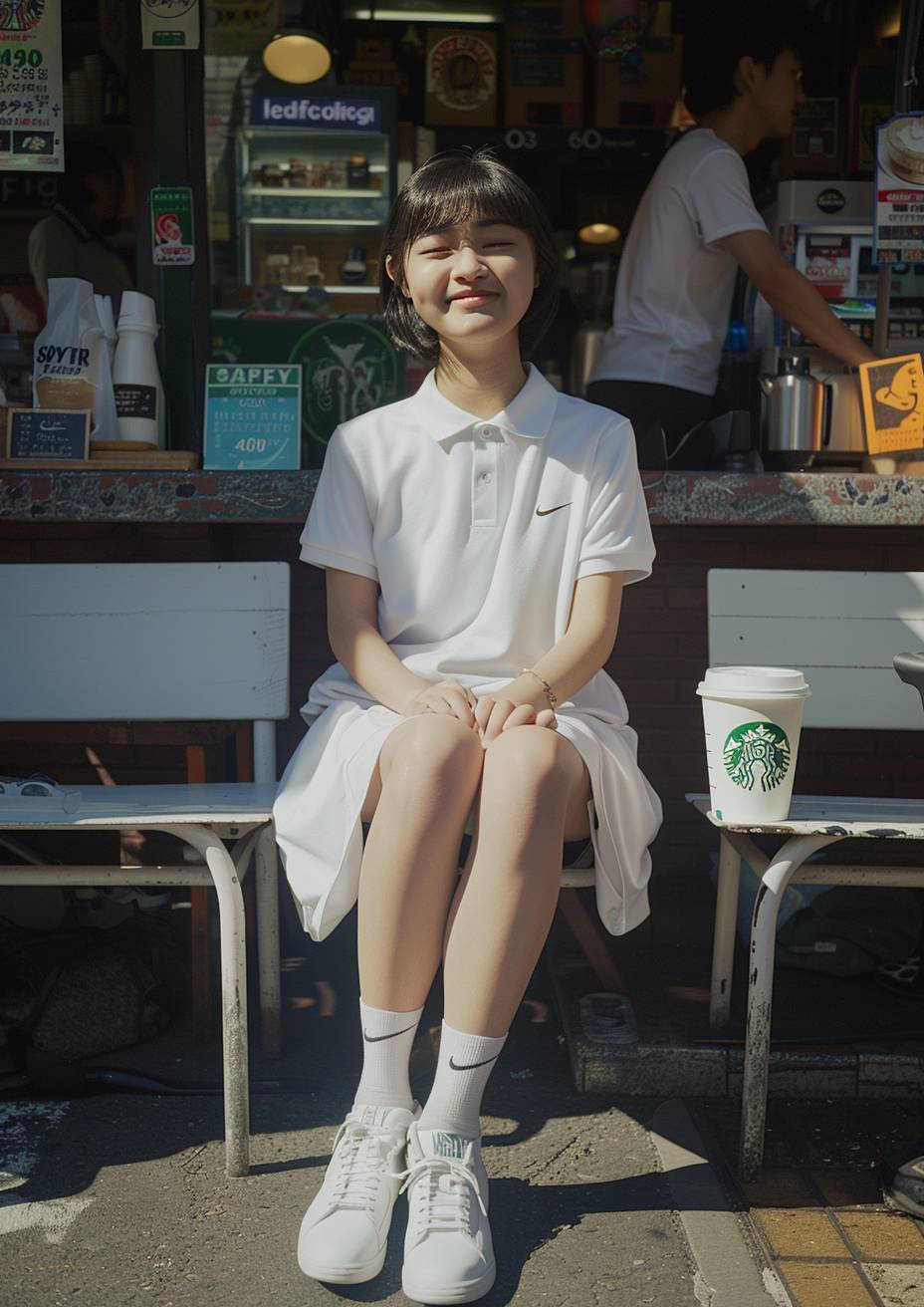 Masterpiece, epic pose, 4K, natural lighting, Rembrandt lighting | 15-year-old cute Japanese girl, groomed straight short black hair, gentle smile, crossed legs, sunlight stabbing at her feet | wearing sporty fashion, white plain polo long sporty dress with Nike's logo mark and Nike's sneakers, Starbucks cup of coffee by her side on the seat | sitting on a seat in front of a café stand, NYC, summer day, noon, Dutch angle shot with Sony a7R IV, Fujicolor Superia X-TRA 400 film simulation - no logo mark, logo type, text, signboard, monochrome, retro - AR 5:7 - raw style - stylize 120 - v 6.0