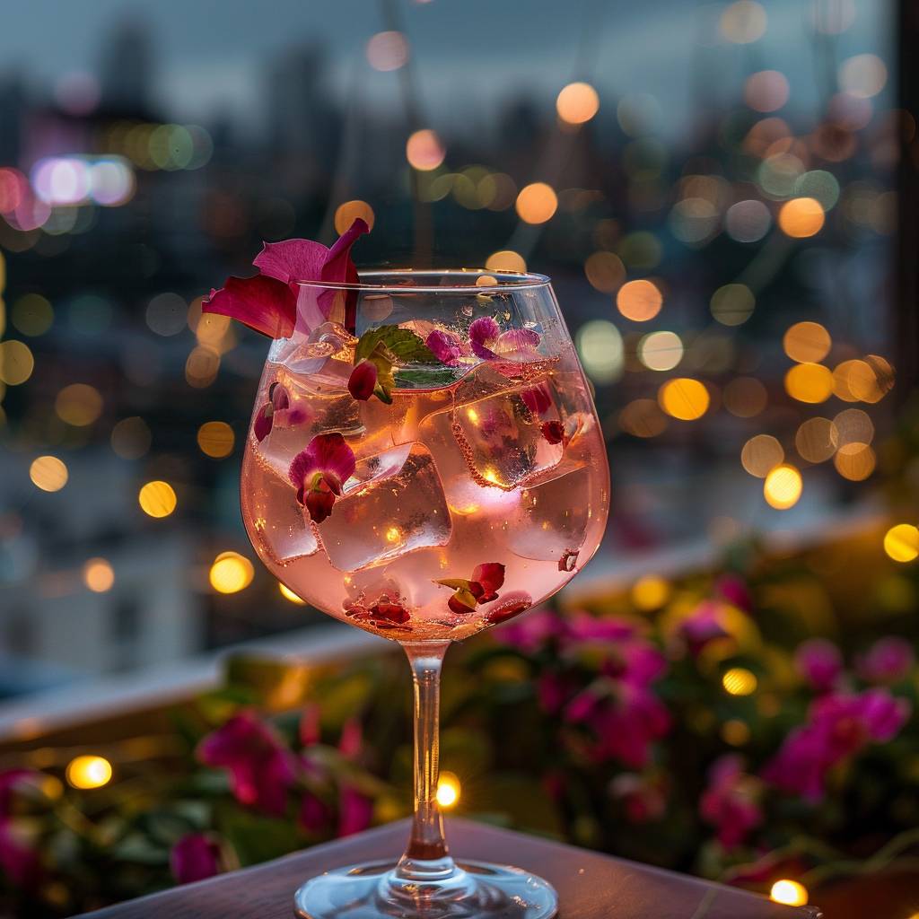 Rooftop Garden featuring pink gin and tonic in balloon glass, adorned with rose petal. Cocktail with pink color scheme. Setting: rooftop garden, city lights, floral arrangements for romantic mood, string of fairy lights. Captured with Sony A7R IV, FE 50mm f/1.2 GM lens, ISO 100, f/4