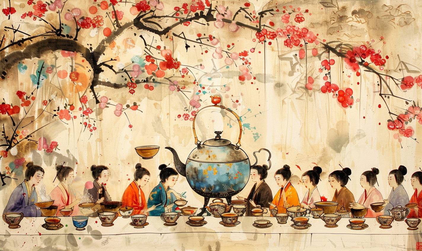 In the style of Qi Baishi, a whimsical tea party held in a giant teapot