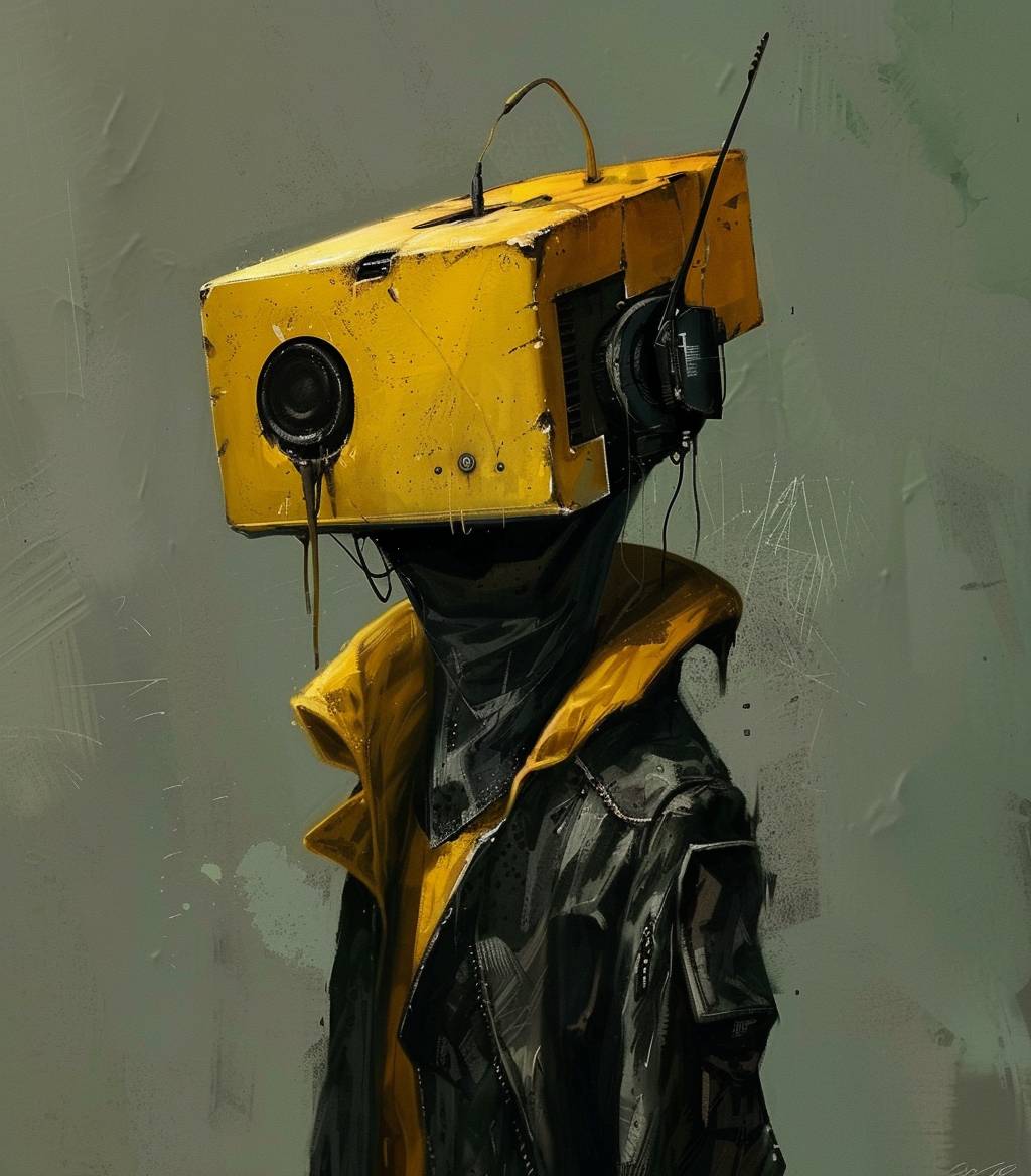 Create a character with a yellow radio-shaped head, embodying the essence of Radiohead. The character should have a modern, slightly dystopian style, dressed in eclectic and edgy clothing. The design should blend elements of surrealism and contemporary art, with the yellow radio head standing out as a focal point. Use a mix of dark and vibrant colors to create a visually engaging and unique image that captures the band's avant-garde spirit.