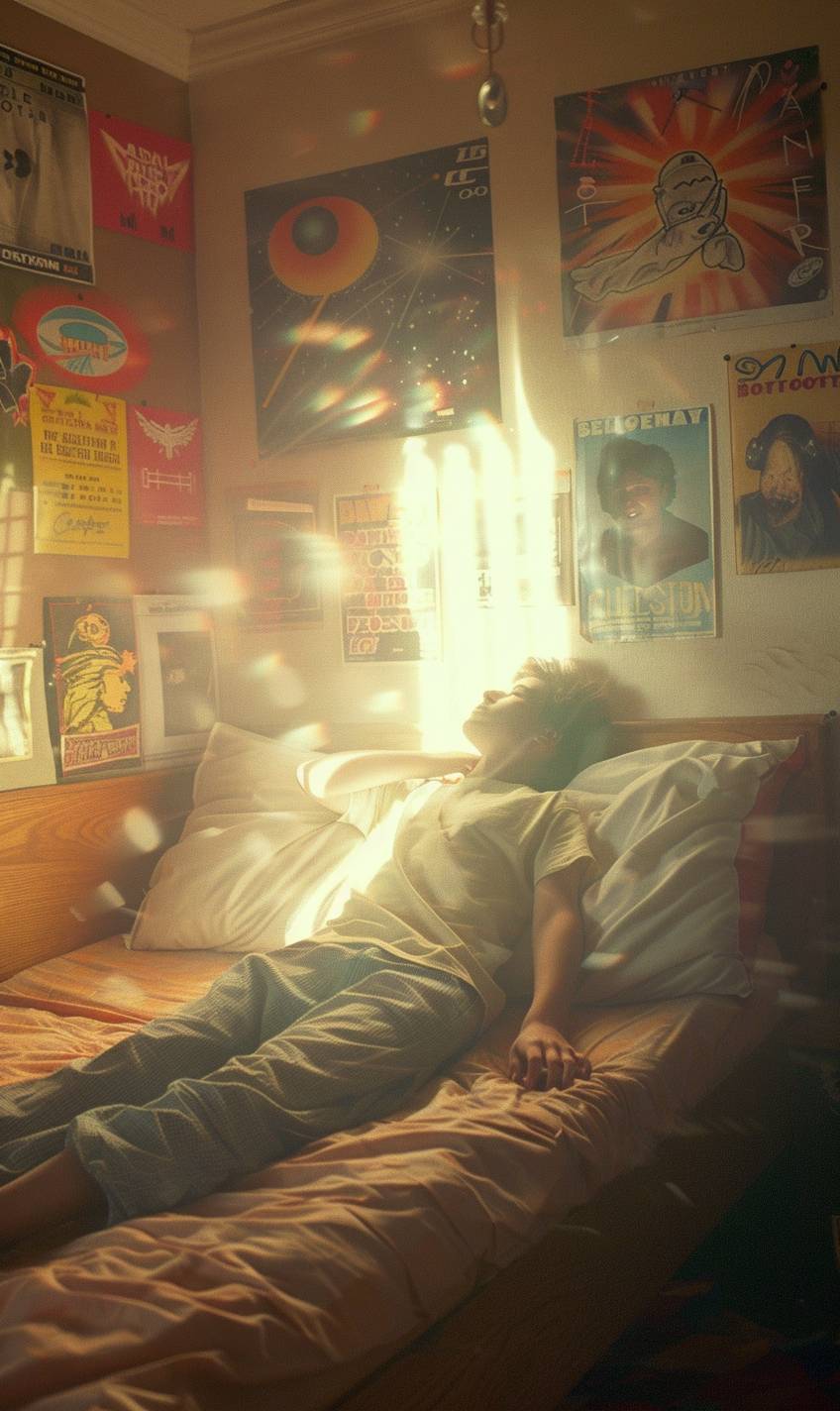 Mexican teenager 16 years old lying on his bed levitating having an astral trip in his room full of rock posters of David Bowie and caifans and teenage things his spirit is leaving his body realistic bright light scene pastel tones. --ar 3:5  --v 6.0