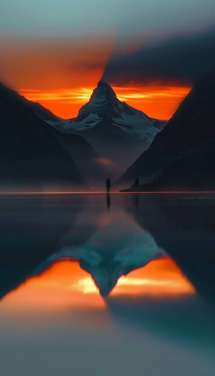 Close-up of a lady reflecting over a mountain lake, reflected rainbow, cinematic, serene landscape, sunrise