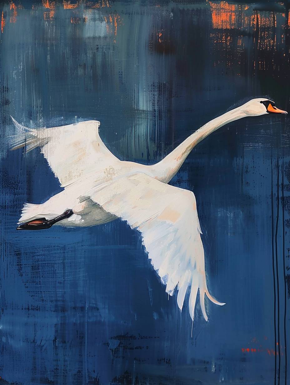 The white swan in flight, 20x20, fine art print, in the style of Raimonds Staprans, hanging scroll, Liu Ye, navy, naturalistic animal paintings, Barbara Stauffacher Solomon, asymmetrical balance