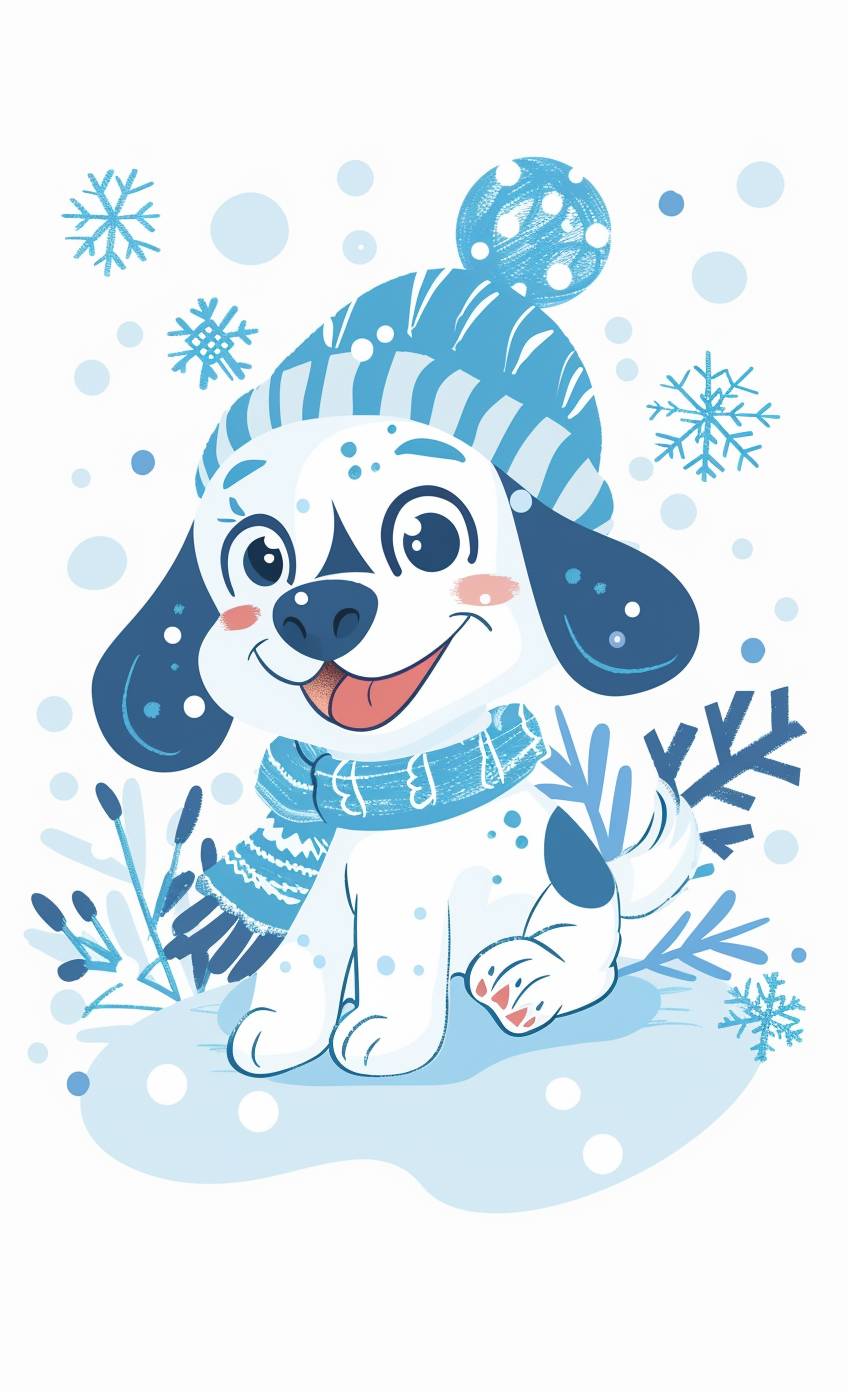 A simple children's risograph print with an illustration of a happy dog wearing winter clothing against a plain background. The style is playful and colorful with detailed character illustrations in the style of minimalistic, cute cartoonish designs.