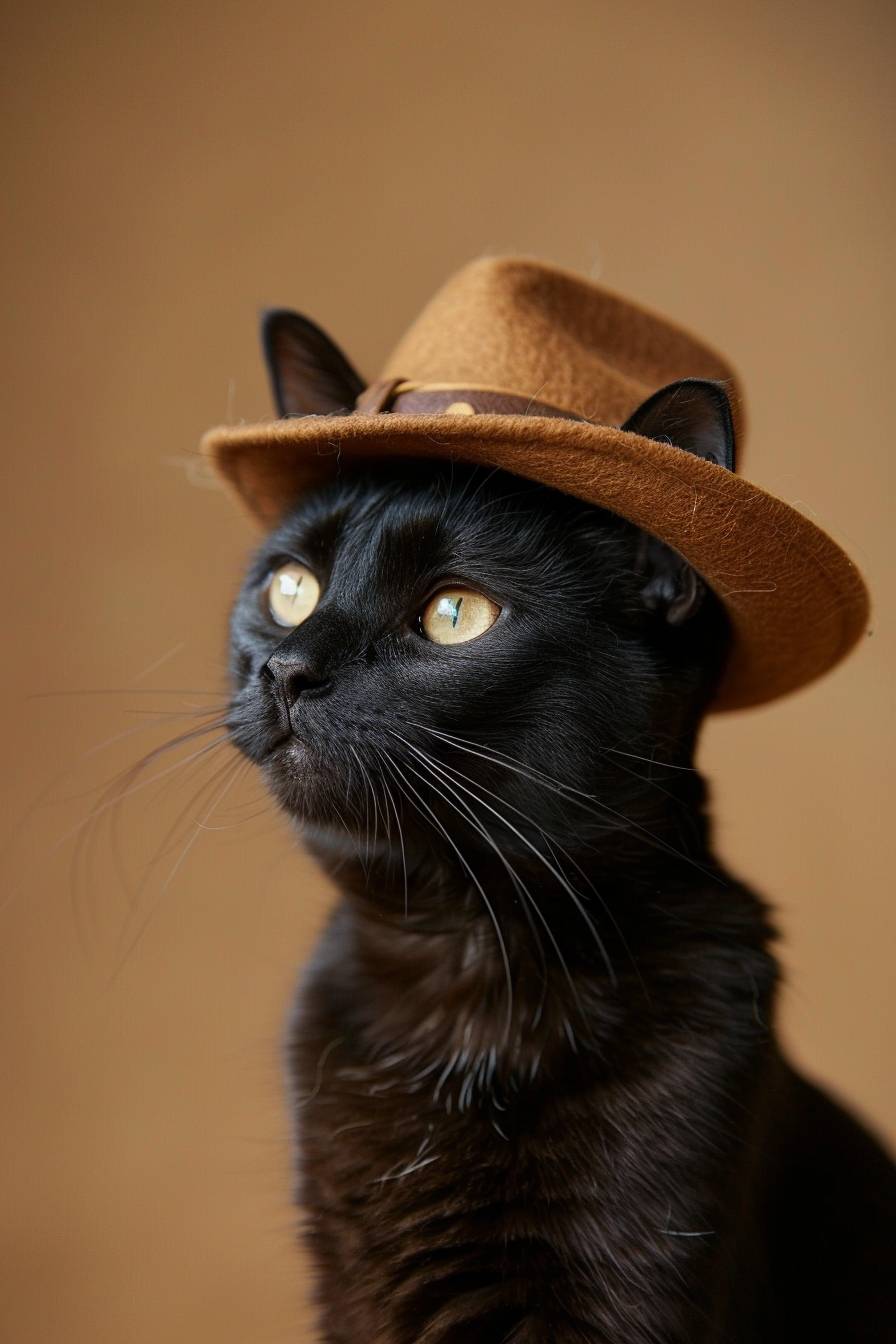 A skinny, short-haired, slender black cat, proudly wearing a wide-brimmed brown fedora hat, dreaming of being an archaeologist. Soft olive brown textured studio background.