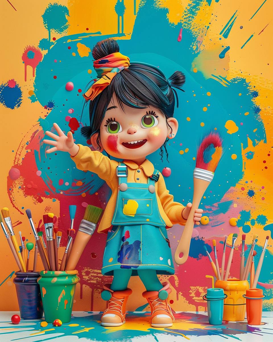Graphic invitation for a little girl's birthday. The theme is painting, colors and brush in 3d style, bright and bright colors --ar 4:5 --v 6.0